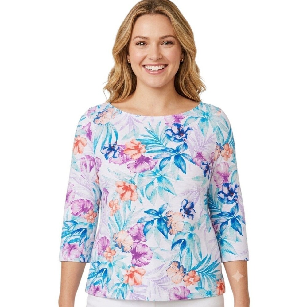 Tommy Bahama Womens Top XL Tropical Knit Cotton 3/4 Slv Boatneck beach boho